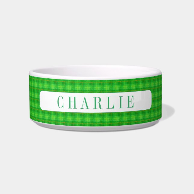 PET LOVE Ceramic Pet Bowl / Green Plaid (Front)
