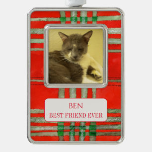 PET LOVE Framed Vert Ornament + Text RedScottPlaid