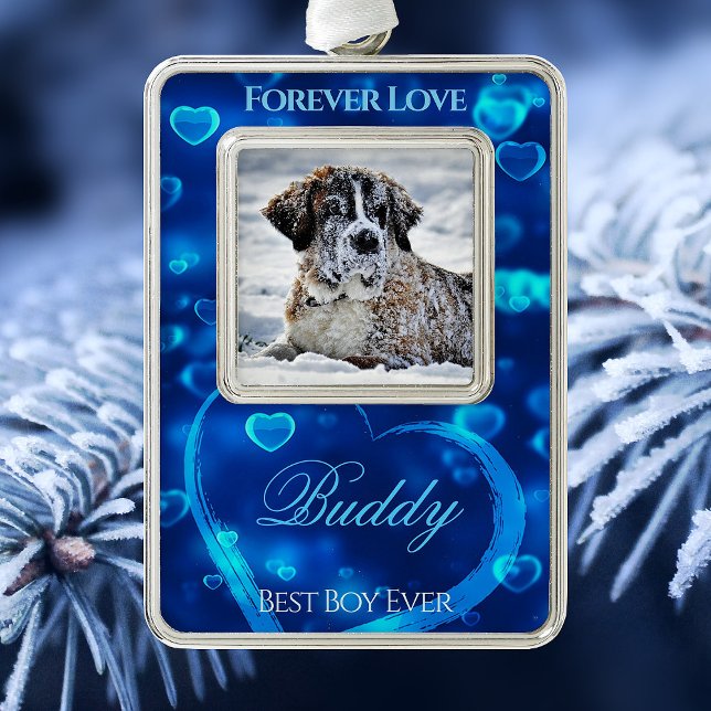 Pet Love Photo Keepsake, Blue Glowing Hearts - Silver Plated Framed Ornament (Creator Uploaded)