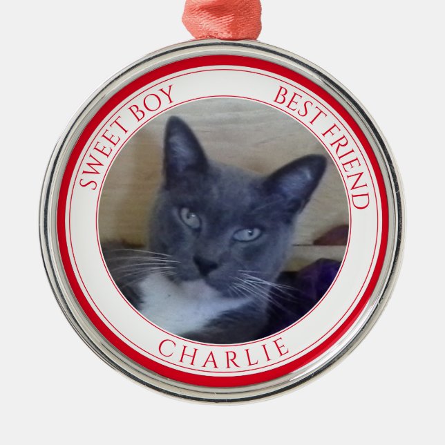 PET LOVE Premium Round Ornament + Text / Red (Front)