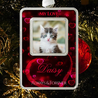 Pet Love Tribute or Memorial, Red Glowing Hearts - Silver Plated Framed Ornament