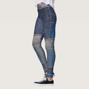 Pet Lover Cat Mum Faux Denim Patchwork Blue Jeans Leggings