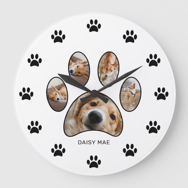 Pet Lovers Cute Paw Print Name Photo Collage Large Clock (Front)