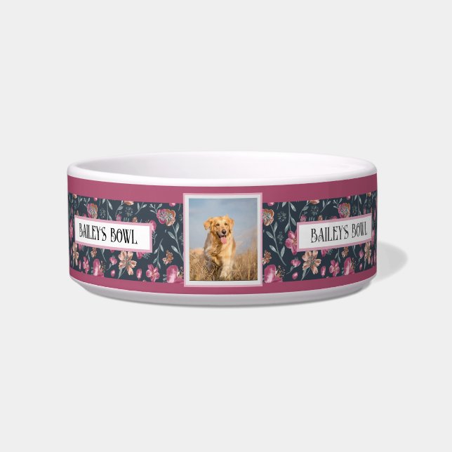 Pet Lovers Floral Pattern Photo Name      Bowl (Front)