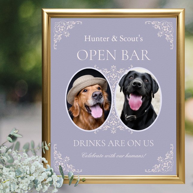 Pet Lovers French Lilac Wedding Open Bar Sign (Elegant french lilac wedding open bar sign for pet lovers 2 dog photos drinks on us for humans)