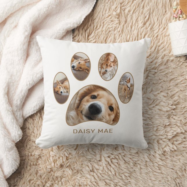 Pet Lovers Gold Paw Print Name Photo Collage Cushion (Blanket)