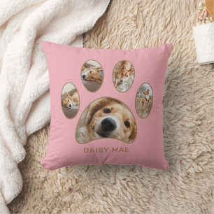 Pet Lovers Gold Paw Print Name Photo Collage Pink Cushion