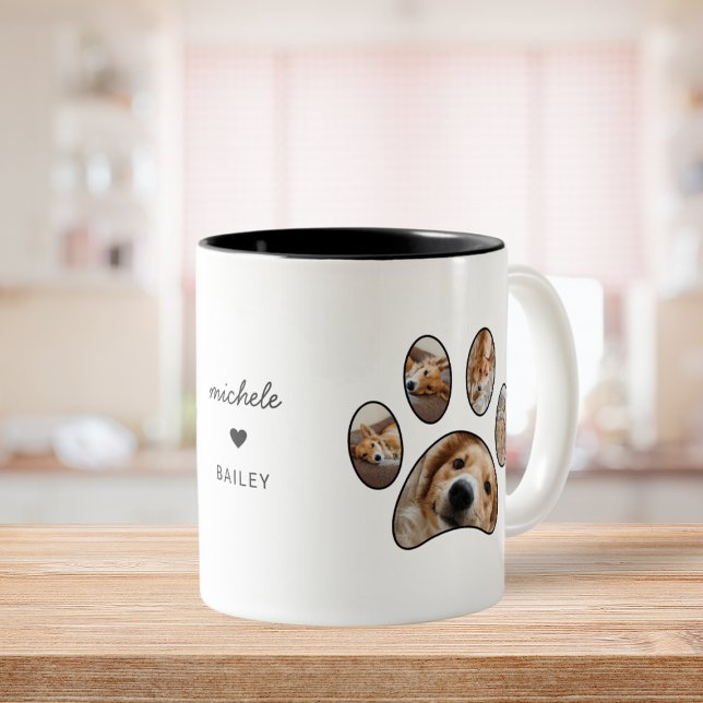 Pet Lovers Paw Print Custom Name Photo Collage Two-Tone Coffee Mug (Pet Lovers Paw Print Custom Name Photo Collage Two-Tone Coffee Mug)