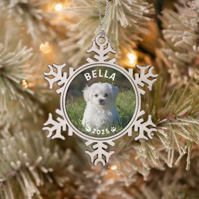 Pet Lovers Paw Prints Custom Christmas Photo Snowflake Pewter Christmas Ornament (Tree)