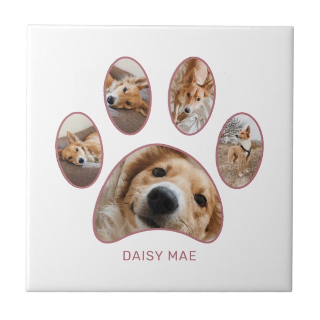 Pet Lovers Rose Gold Paw Print Name Photo Collage Tile (Front)