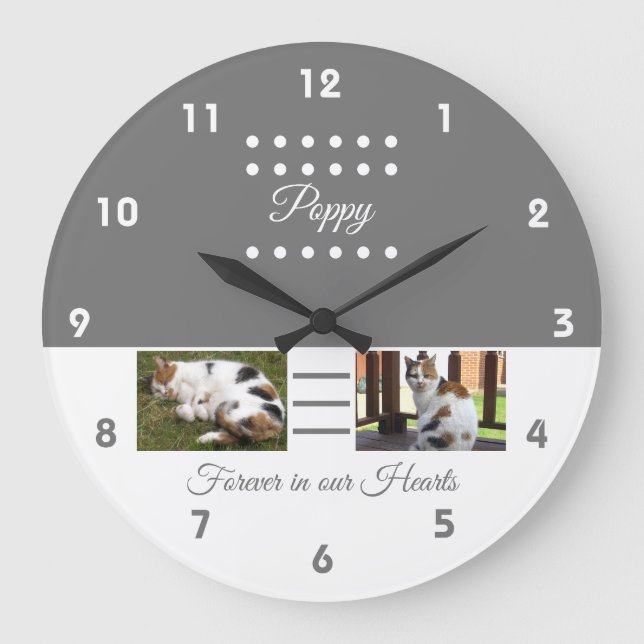 Pet memorial cat grey white add photos large clock (Front)