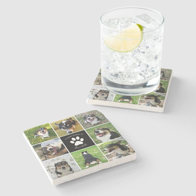 Pet Memorial Custom Dog Photo Collage Paw Print Stone Coaster (Side)