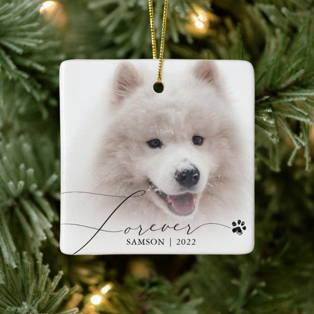 Pet Memorial | Custom Photo Dog Paw Print Ceramic Ornament (Tree)