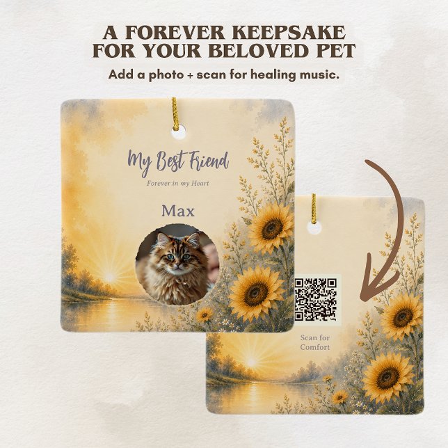 Pet Memorial Ornament with Photo & Spotify QR Code (Personalized pet memorial ornament with photo & Spotify QR code linking a comforting grief playlist)