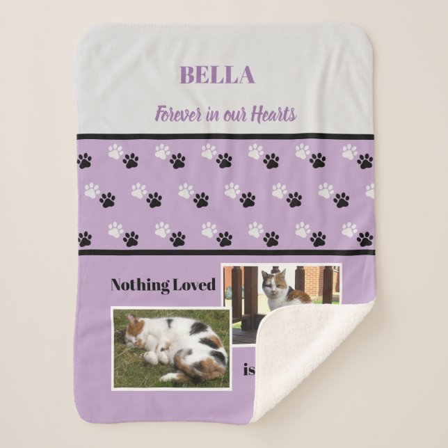 Pet memorial paw print grey purple name and photos sherpa blanket (Front)