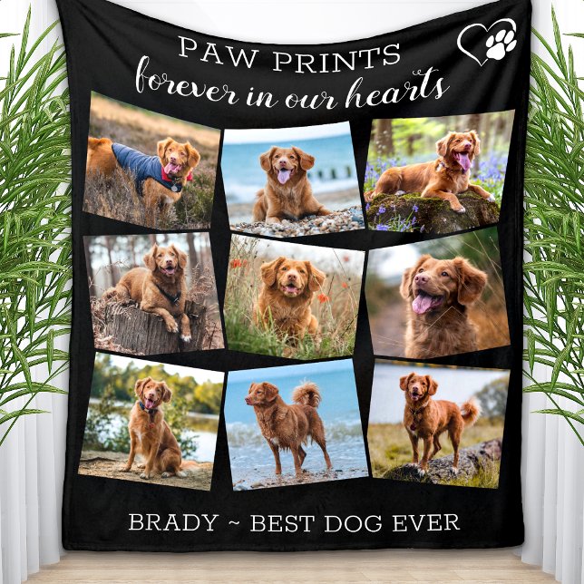 Pet Memorial Paw Prints Custom Dog Photo Collage  Fleece Blanket (Creator Uploaded)