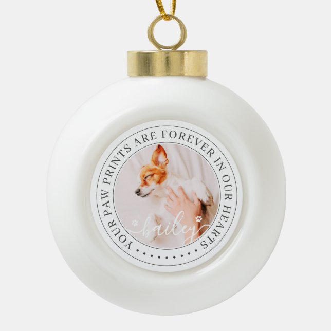 Pet Memorial Paw Prints Hearts Elegant Chic Photo Ceramic Ball Christmas Ornament (Front)