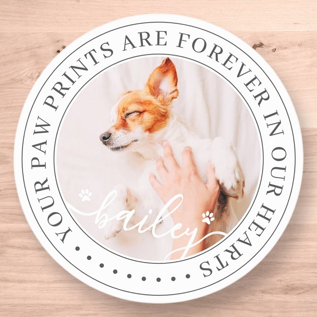 Pet Memorial Paw Prints Hearts Elegant Chic Photo Classic Round Sticker (Creator Uploaded)