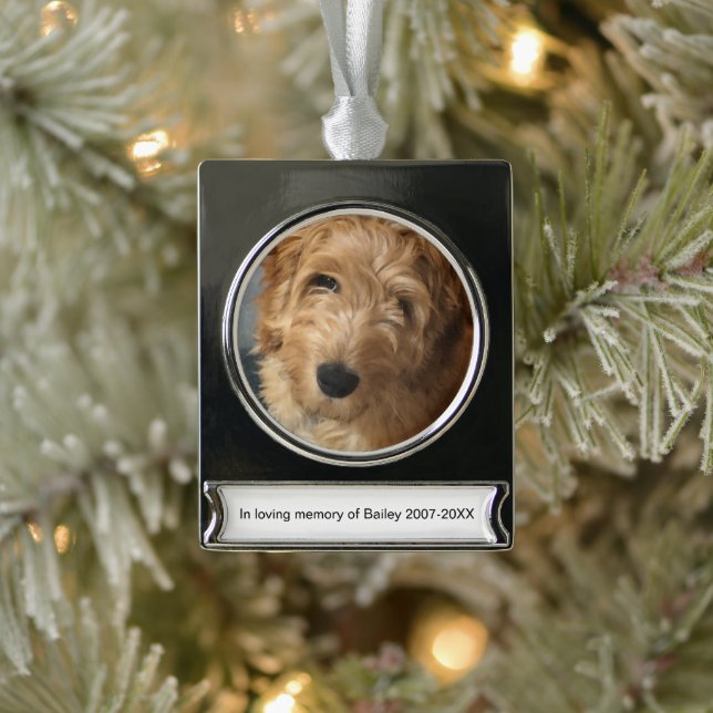 Pet Memorial personalised custom photo name & text Silver Plated Banner Ornament (Tree)