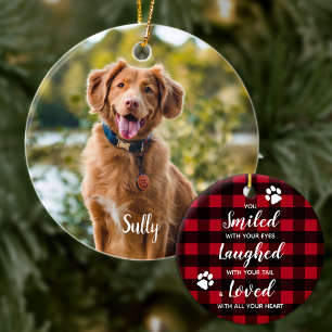 Pet Memorial Pet Loss Red Buffalo Plaid Dog Photo Ceramic Tree Decoration