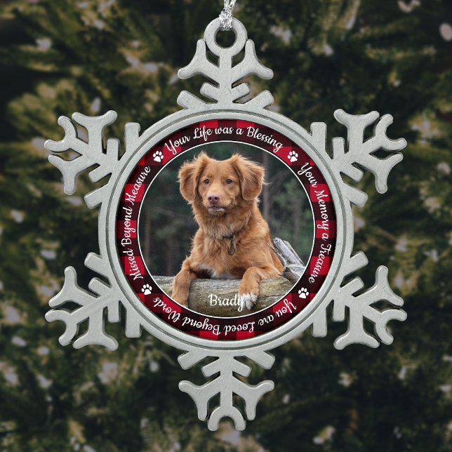 Pet Memorial Red Buffalo Plaid Keepsake Dog Photo Snowflake Pewter Christmas Ornament (Creator Uploaded)