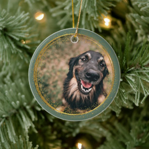 Pet Memorial Sage and Gold Custom Photo Christmas Ceramic Tree Decoration