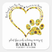 Pet Memorial Seed Packet Paw Print Heart Sunflower Square Sticker (Front)
