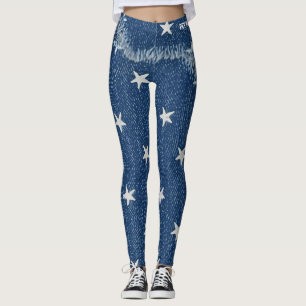 Pet Mum Faux Denim Patchy Jagged Stars Blue Jeans Leggings