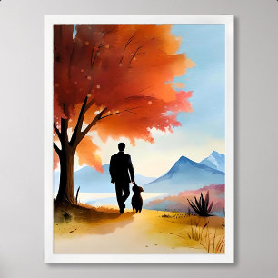 pet painting man dog walking blue mountain tree poster