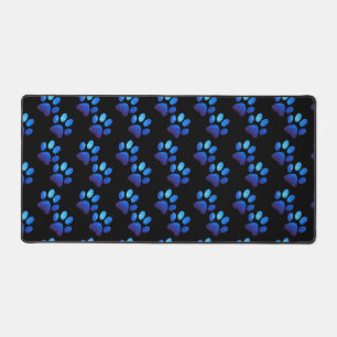 Pet paw bright blue glitter on black background desk mat