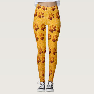 Pet paw gold glitter print on gold background leggings
