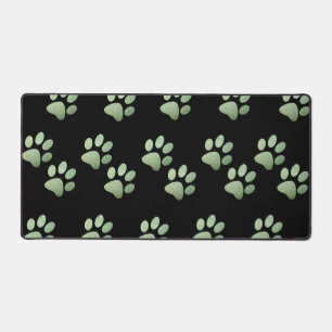 Pet paw light green glitter on black background desk mat