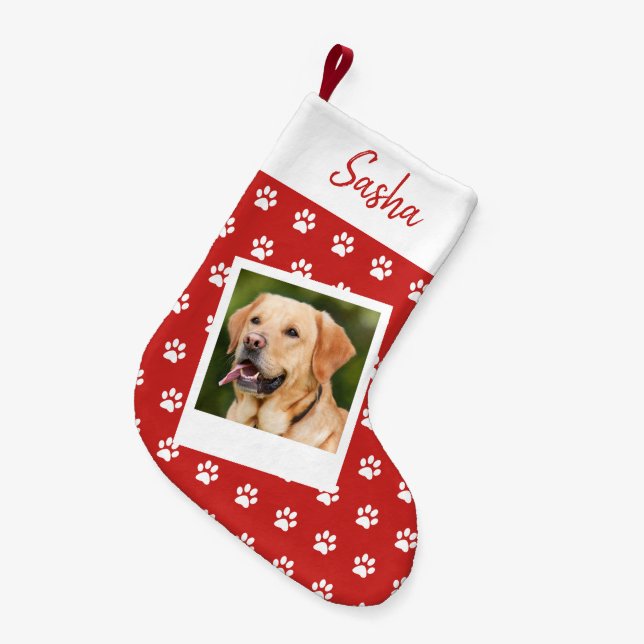 Pet Paw Print Personalised Name and Photo Small Christmas Stocking (Front (Hanging))