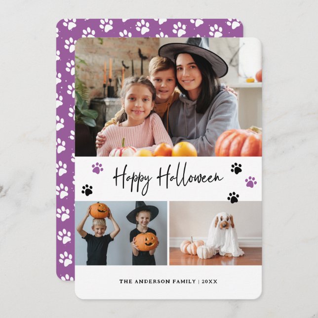 Pet Paw Print Photo Collage Violet Halloween Card (Front/Back)