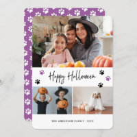Pet Paw Print Photo Collage Violet Halloween Card