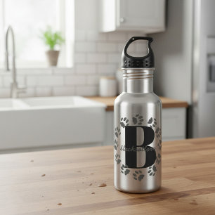Pet Paw Prints Bold Monogram Water Bottle