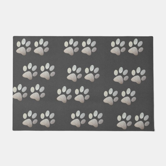 Pet paw silver glitter print on grey background doormat (Front)