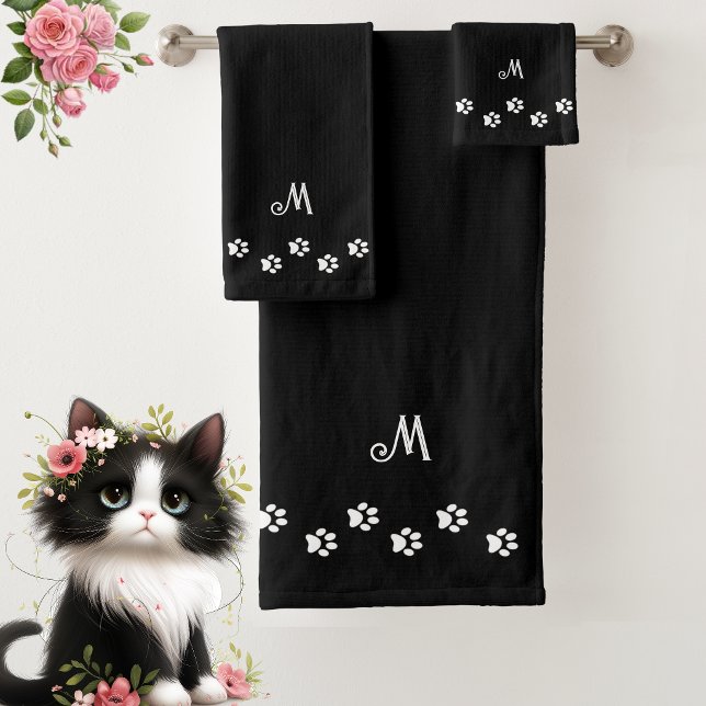 Pet Paws & Monogram on Black Bath Towel Set (Creator Uploaded)