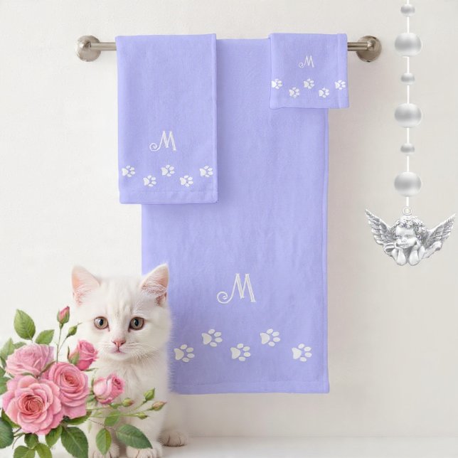 Pet Paws & Monogram on Light Blue Bath Towel Set (Creator Uploaded)