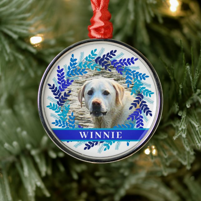 Pet Personalised Photo Christmas Blue Wreath Metal Tree Decoration (Tree)