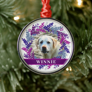 Pet Personalised Photo Christmas Purple Wreath Metal Tree Decoration