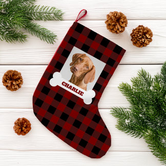 Pet Photo and Dog Bone with Name on Buffalo Plaid Small Christmas Stocking