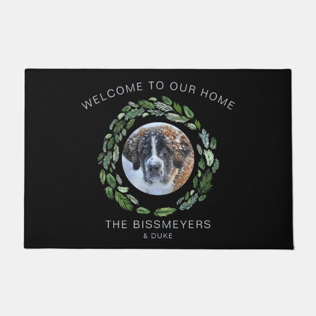 Pet Photo Black Foliage Wreath Family Name Doormat (Front)