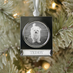 PET PHOTO Black White Dog NAME Typography Fun Silver Plated Banner Ornament