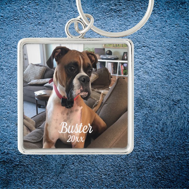 Pet Photo  Boxer White Typography Personalise Key Ring (Elegant Pet Photo Keychain Personalize upload your pets photo and pets name)