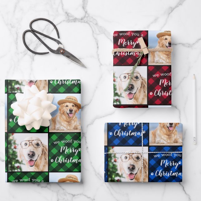 Pet Photo Buffalo Plaid Dog Woof Merry Christmas Wrapping Paper Sheet (Front)