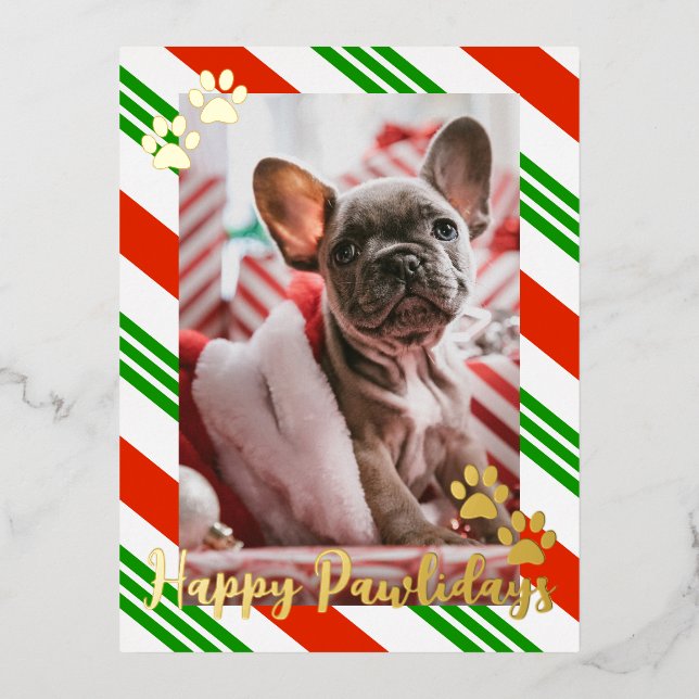 Pet Photo Candy Cane Striped Happy Pawlidays Gold Foil Holiday Postcard (Front)