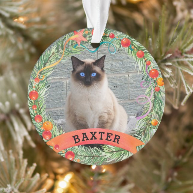 Pet Photo Cat Berry Wreath Christmas Ornament (Tree)