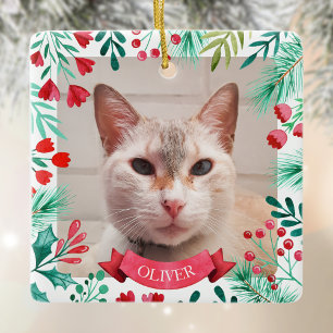 Pet Photo Cat or Dog Watercolor Winter Botanicals Ceramic Ornament