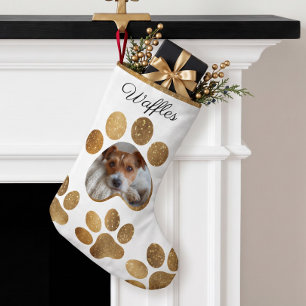 Pet Photo Christmas Keepsake Gold Paw Print Custom Small Christmas Stocking